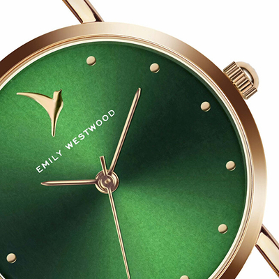 Orë dore për femra Emily Westwood Rose Gold Mesh Watch EGO-3214, e artë/gjelbër