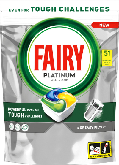 Tableta për enëlarëse Fairy All in One Platinum Lemon, 40 copë, aromë limoni