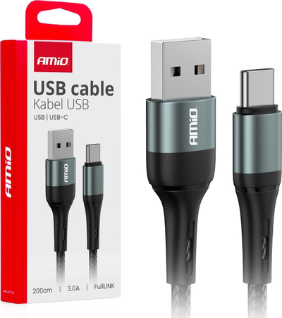 Kabllo karikimi AMiO 03912, USB në USB Type C, 2m, 3A, e zezë gri