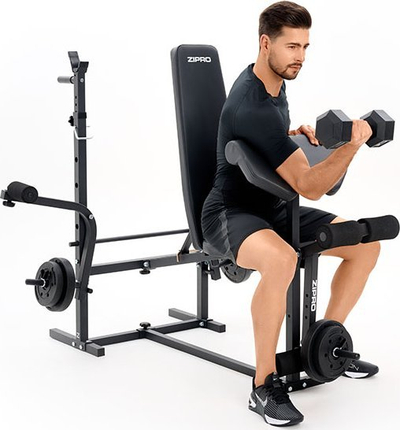 Stol fitness Zipro Ripped, me mbajtëse shtange, preacher curl dhe leg press, i zi