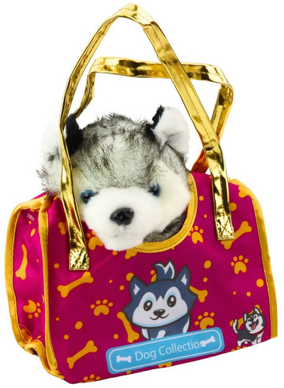 Lodër plus LEANToys Husky në çantë, maskotë pelushi, e bardhë gri