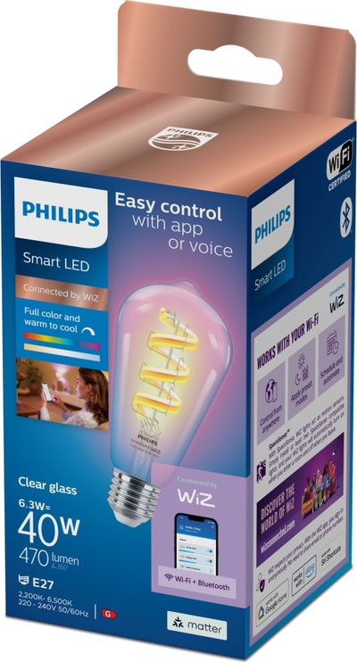 Llambë inteligjente Philips Smart Filament E27 ST64, 6.3W RGBW, e artë