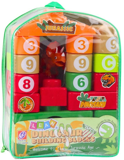 Lodër blloqe ndërtimi edukative me dinosaurë, 26 pjesë, me çantë shpine