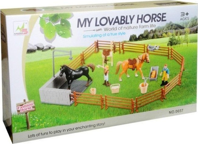 Set loje fermë për kalamaj “Farm”, pistë me kuaj, 2 figura, shumëngjyrësh
