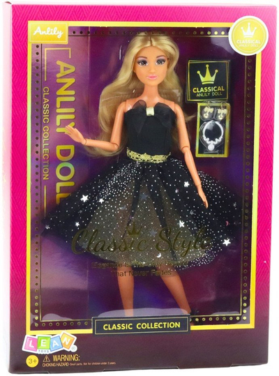 Kukull Anlily Ball Gown, gjymtyrë të lëvizshme, flokë bionde, fustan i zi me ari
