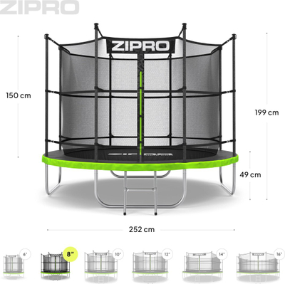 Trampolinë kopshti Zipro Jump Pro, rrjetë e brendshme, 8FT 252 cm, jeshile e zezë
