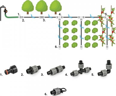 Set aksesorësh për ujitje pikë‑pikë Bradas Drip System, për shirit 16mm, 26 copa, gri