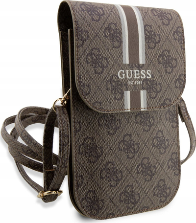 Çantë telefoni Guess 4G Neck Case Phone Bag, lëkurë Saffiano, me rrip rreth qafe, bezhë me ari
