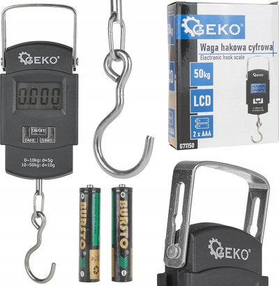 Peshore dore Geko Hook Scale, 50kg, ekran LCD, e zezë
