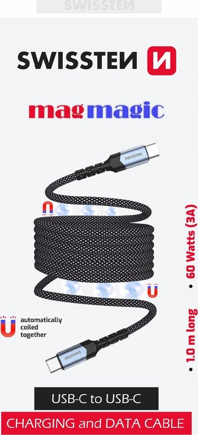 Kabllo magnetike Swissten Self Retracting, USB C në USB C, 1m, e zezë me argjend