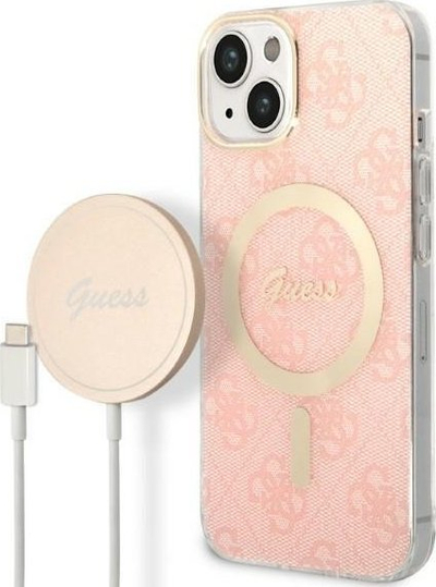 Set aksesorësh Guess GUBPP14MH4EACSP për iPhone 14 Plus 6.7", mbrojtëse e fortë MagSafe, karikues wireless, rozë