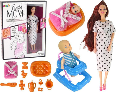 Set lodre LeanToys Doll, kukull mami shtatzënë me bebe, flokë të gjatë, me aksesorë