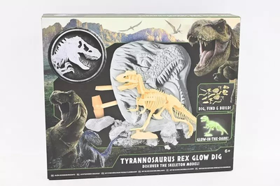 Set lojërash Jurassic World Tyrannosaurus Rex Glow Dig, skelet fosil, ndriçon në errësirë, bezhë
