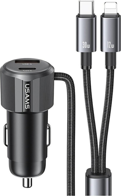 Полнач за автомобил Usams CC287 YT Series, 66W Dual Port USB A+C, со кабел 2 во 1 C+Lightning, црн