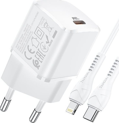 Karikues muri HOCO N10, USB-C PD 20W, kabllo USB-C në Lightning 1m, i bardhë
