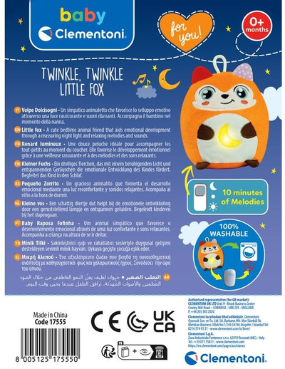 Плишана играчка Clementoni Baby Twinkle Twinkle Little Fox, ноќно светло, релаксирачки звуци, портокалова