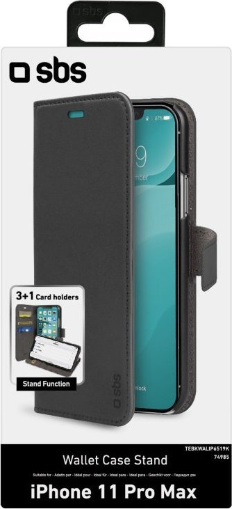 Mbulesë portofol SBS Book Case për Apple iPhone 11 Pro Max, me xhepa kartash, me këmbë mbështetje, e zezë