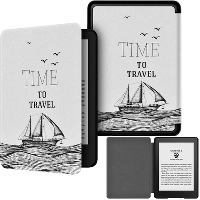 Kapak mbrojtës Colorsoft Kindle Paperwhite 6 Signature Edition, funksion sleep wake, dizajn Time to Travel, gri