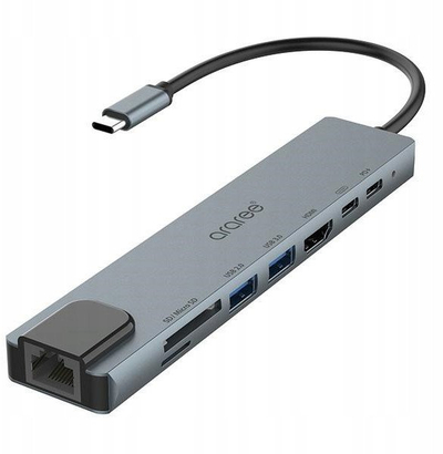 Hub USB C Araree AM81 8‑në‑1, 100W PD, HDMI, RJ45, gri e errët