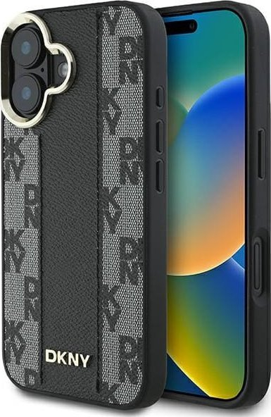 Mbulesë DKNY për iPhone 16, lëkurë PU me kuadrate, MagSafe, e zezë