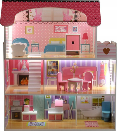 Shpi kukllash FUNFIT KIDS XXL, prej druri, me mobilje dhe LED, rozë