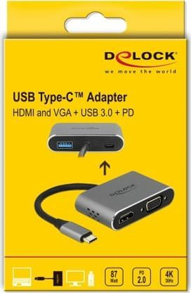 Docking station USB C Delock 64074, HDMI VGA, USB 3.0, gri