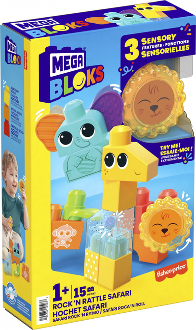 Set ndërtimi Mega Bloks Rock N Rattle Safari, 15 copa, për kalama 1+, shumëngjyrësh