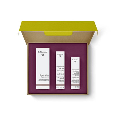 Set dhuratë për femra Dr. Hauschka, krem dite 40 ml + serum rigjenerues 12.5 ml + krem duarsh 10 ml