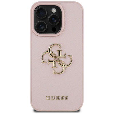 Kapak telefoni Guess Grained Big 4G Logo për iPhone 16 Pro, lëkurë eco, rozë