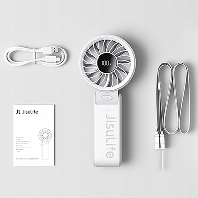 Ventilator portativ JISULIFE, 5000 mAh, 5 shpejtësi, me ekran LED, i bardhë
