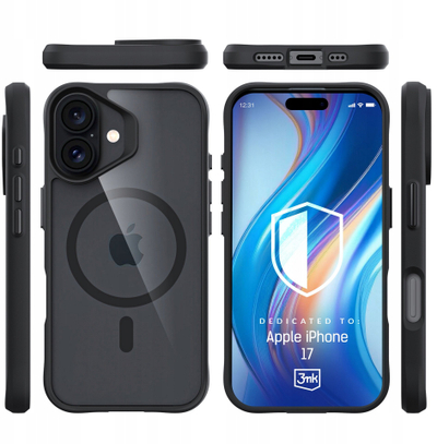 Kapak telefoni 3MK Satin Armor Clear MagCase për iPhone 17, me MagSafe, i tejdukshëm me kornizë të zezë