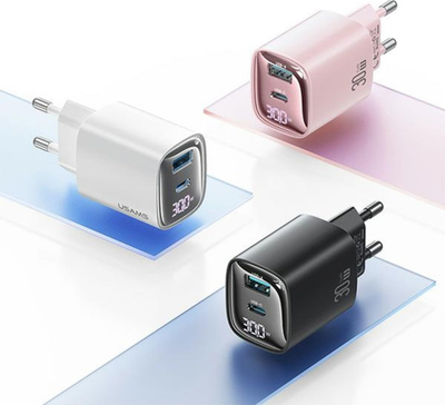 Karikues muri Usams CC229, 30W GaN, USB dhe USB C, i bardhë