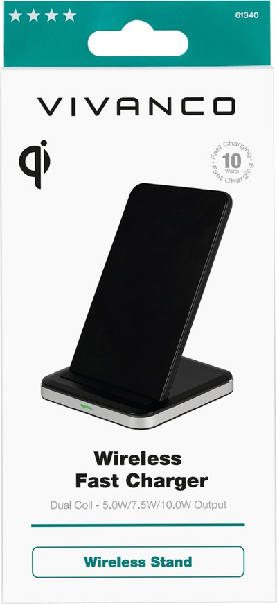 Karikues wireless Vivanco 61340, standard Qi, me bazë stand, i zi