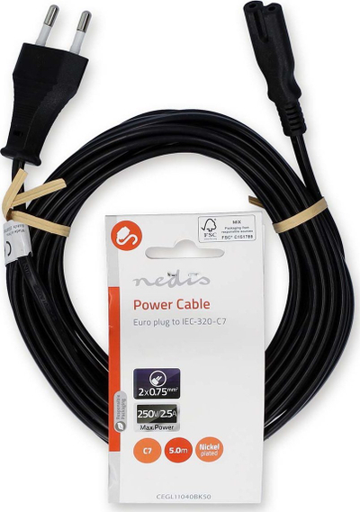 Kabllo rryme Nedis C7, Euro plug në IEC 320 C7, 5m, e zezë