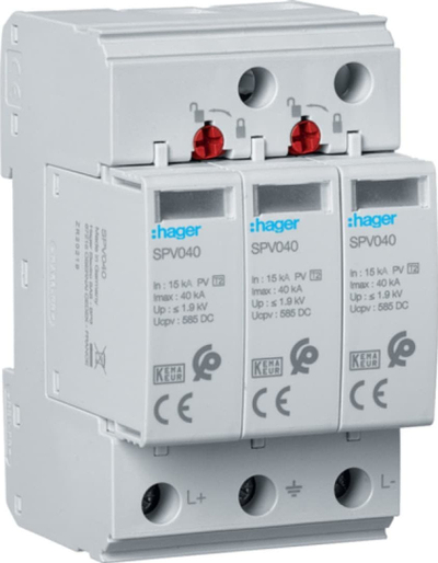 Mbrojtës tepricash Hager SPV340, Tipi 2 PV, 3P, 15kA, 1000V DC