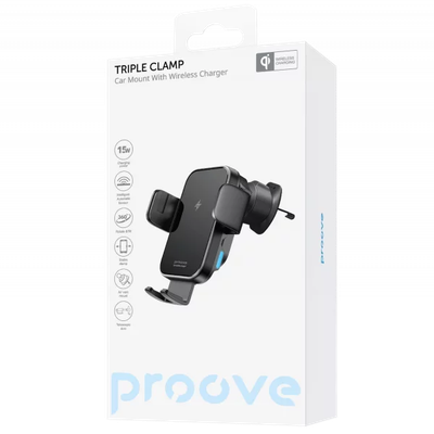 Mbajtëse për telefon me karikim wireless Proove Triple Clamp, 15W, për ventilim ose panel, e zezë