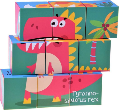 Puzzle kuba me dinosaurë, 9 blloqe, 6 figura, me ngjyra