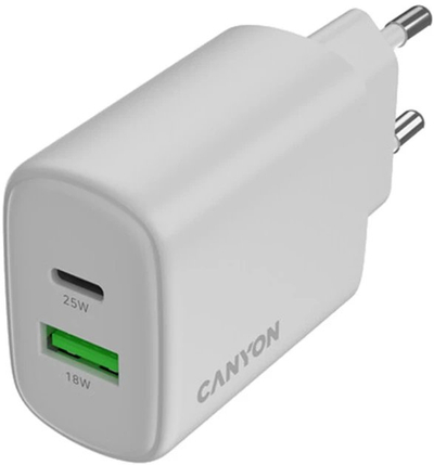Karikues mure CANYON OnCharge 250, 25W, 1x USB C PD 1x USB A QC, i bardhë