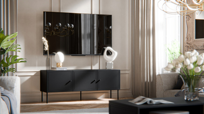 Komodë Cama Meble Palazzo RTV, 151x40x60 cm, 3 rafte, e zezë mat
