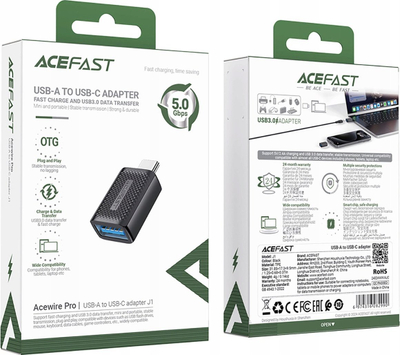 Adapter USB Acefast J1, USB A në USB C, 5Gbps, i zi