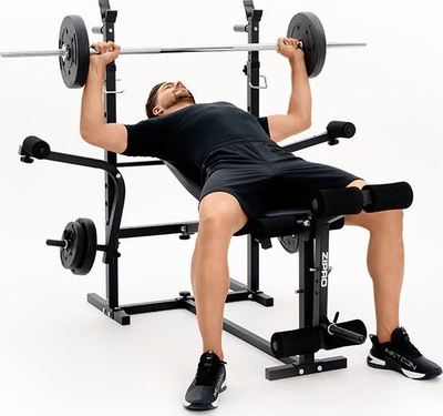 Stol fitness Zipro Ripped, me mbajtëse shtange, preacher curl dhe leg press, i zi