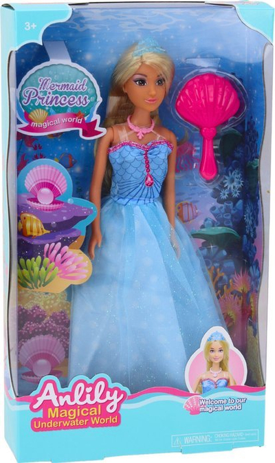Kukull LeanToys Anlily, princeshë sirenë, fustan blu, me furçë
