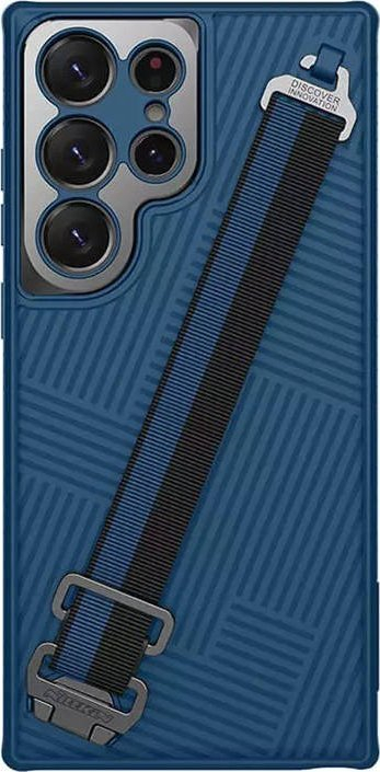 Futrollë telefoni Nillkin për Samsung Galaxy S23 Ultra, me mbrojtje metalike te kamera, me rrip dore, blu