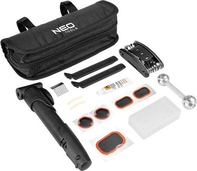 Set riparimi biçiklete NEO 91-013, me pompë e vegla, me çantë