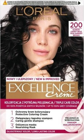 Ngjyrë flokësh L’Oréal Paris Excellence Creme 200 True Darkest Brown, kafe shumë e errët