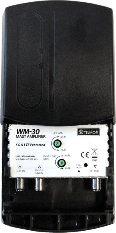 Засилувач за антена Телком Телмор WM-30, DVB-T2 FM VHF UHF, заштита од 5Г, сив