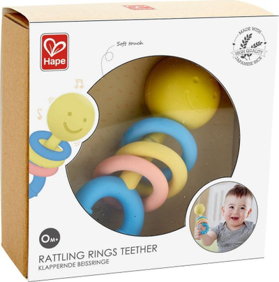 Lodër për kafshim Hape Rattling Rings Teether, unaza që lëvizin, për bebe 0m+, shumëngjyrëshe