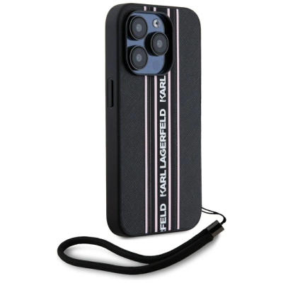 Kapak telefoni Karl Lagerfeld Saffiano Athleisure, për iPhone 15 Pro Max, me rrip dore, i zi