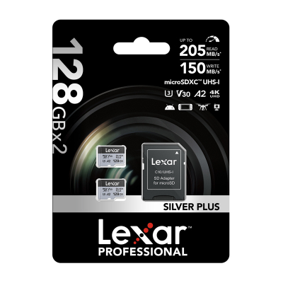 Kartë memorie microSD Lexar Silver Plus, 128GB, V30 UHS-I, paketim 2 copë, argjendtë
