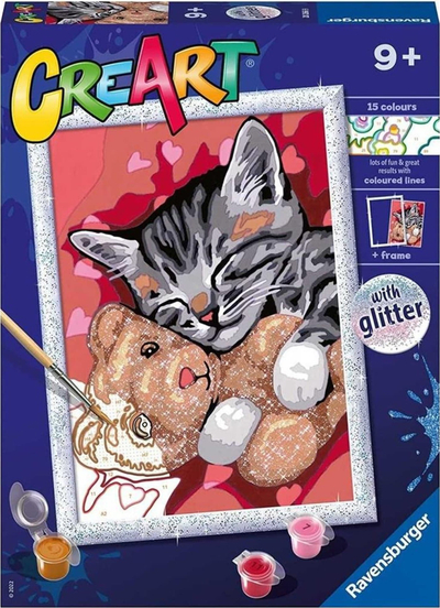 Set pikturimi Ravensburger CreArt Series D Kitten and Its Bear, me numra, me shkëlqim, shumëngjyrësh